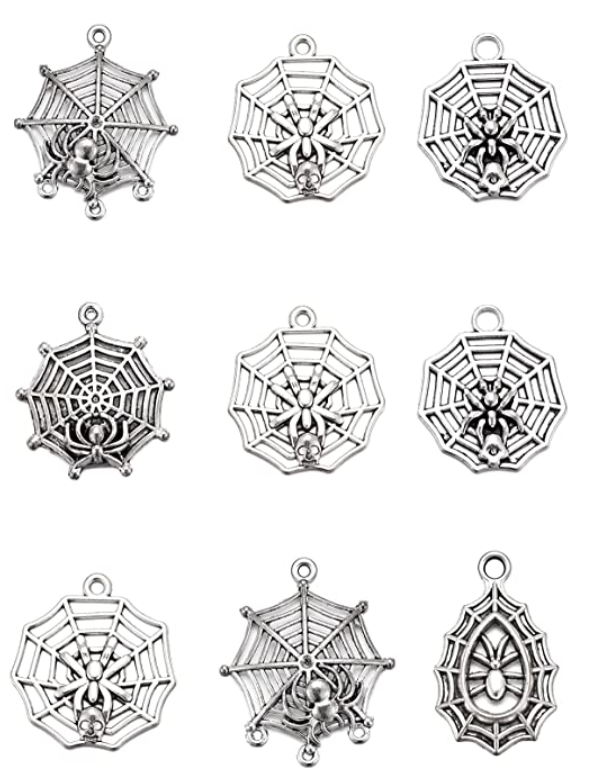 Nine silver spider web charms with spiders.