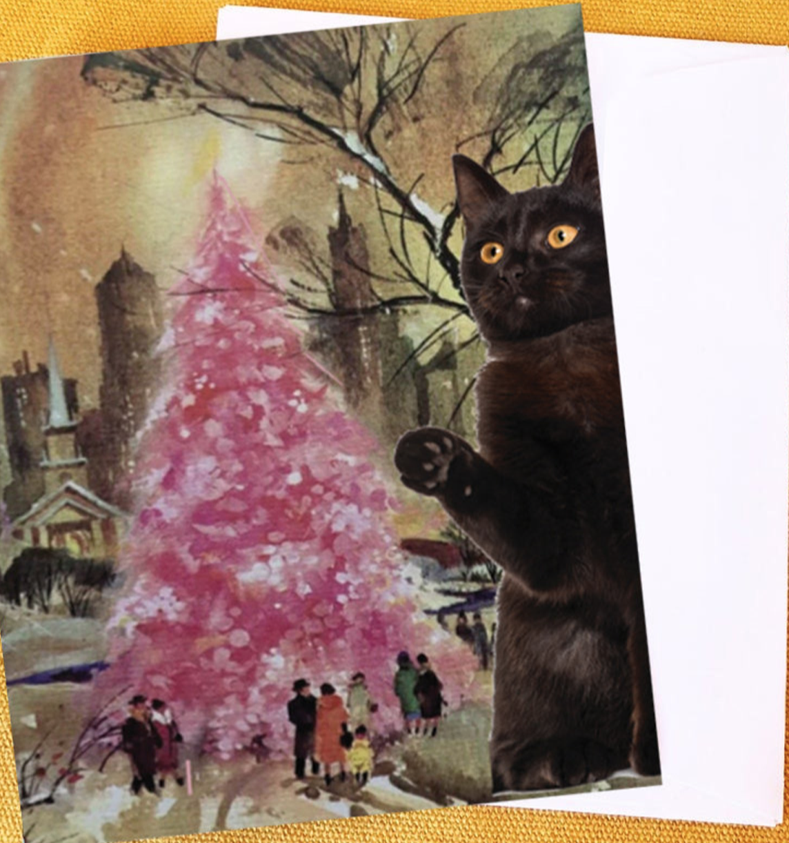 Black cat with pink Christmas tree scene.
