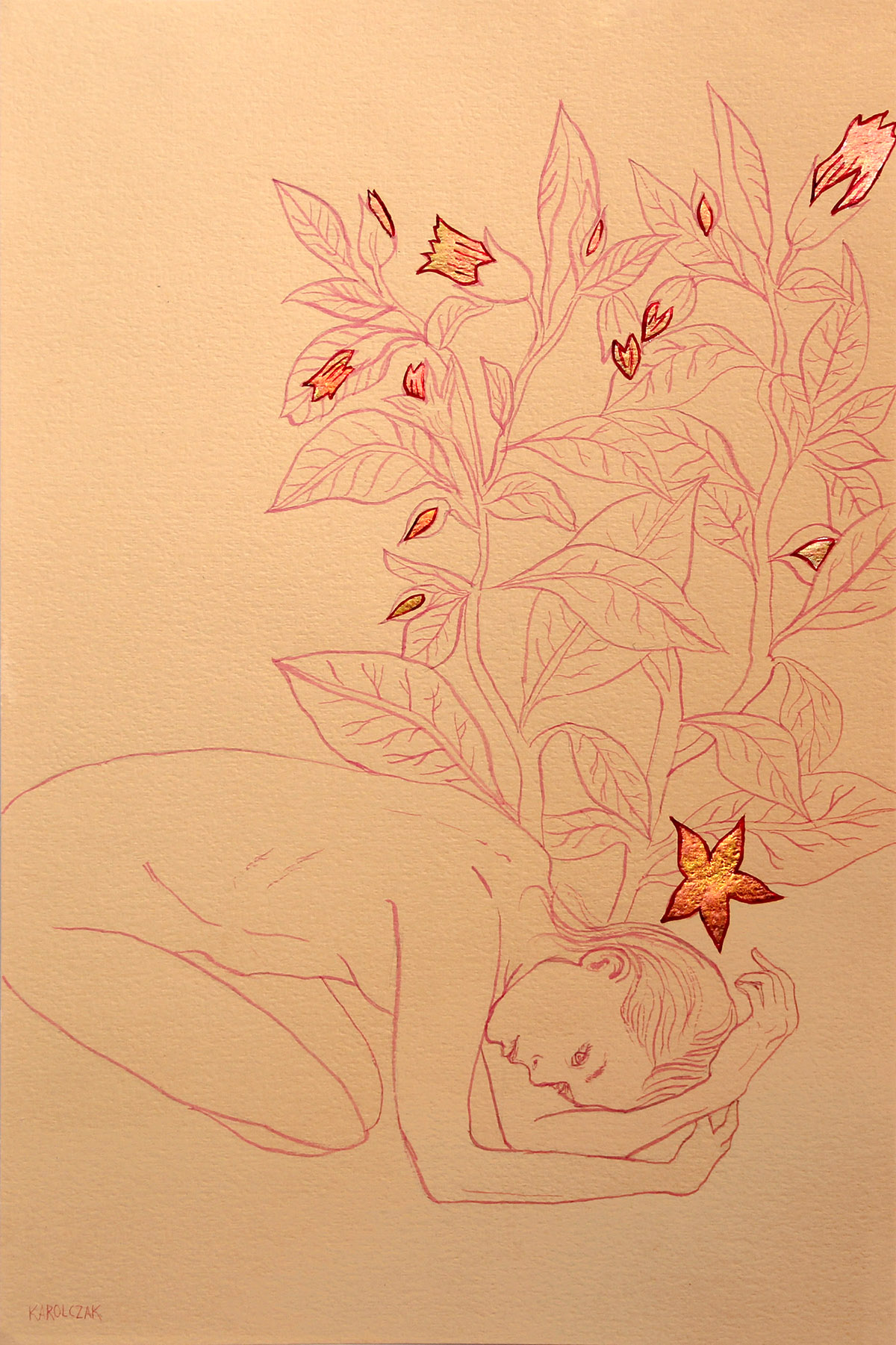 A drawing of a person laying on the ground