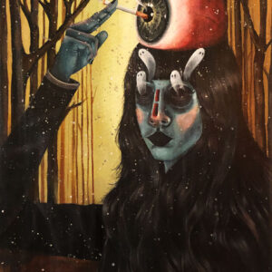 A painting of a woman with horns holding an eye.