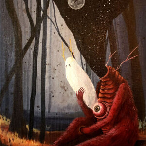 A painting of an owl and a bird in the woods.