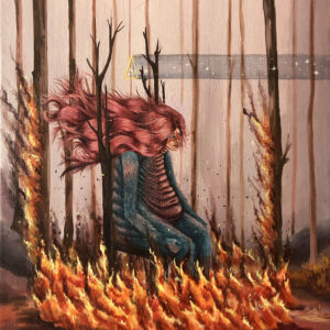 A painting of a woman sitting in the woods