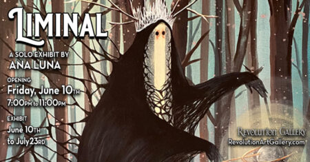 Liminal art exhibit poster with mysterious creature.