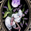 A painting of a mouse holding a flower.