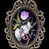 A painting of a mouse with flowers in it's mouth.