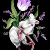A painting of a mouse holding a flower.