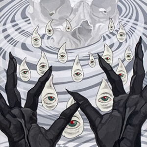 A painting of hands and eyes with water in the background.