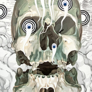A painting of a skull with eyes and smoke coming out of it.