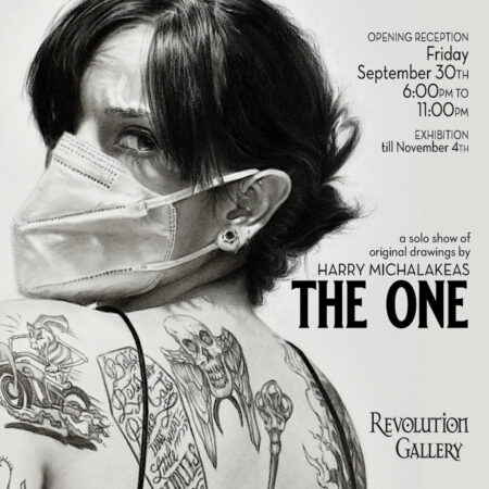 THE_ONE_SEPTEMBER30th_IG-1024x1024-450x450-1 Tattooed person wearing a mask, exhibition announcement.