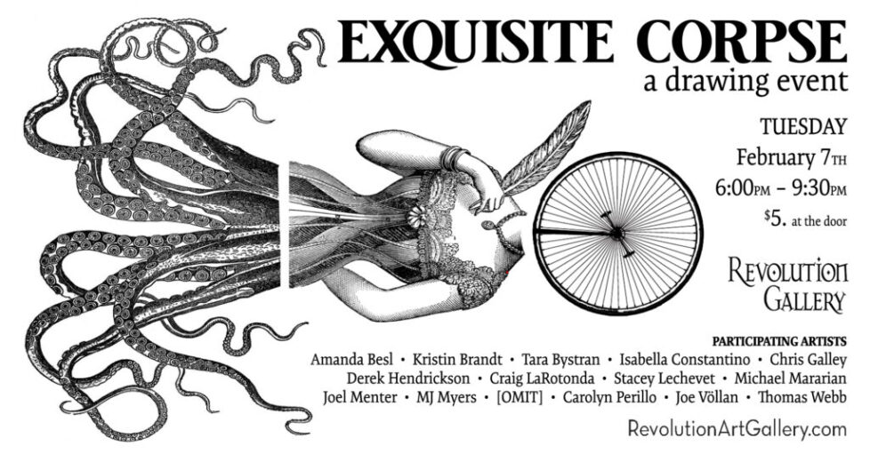 RG_EXQUISITE_CORPSE_FB_BANNERartist_list-1 Surreal drawing event poster with artists listed.