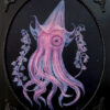A painting of an octopus with purple tentacles.