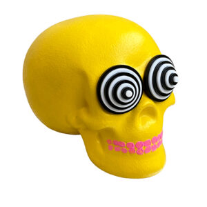 A yellow skull with black and white eyes.