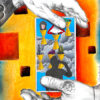 A person holding up a tarot card with the seven of cups.