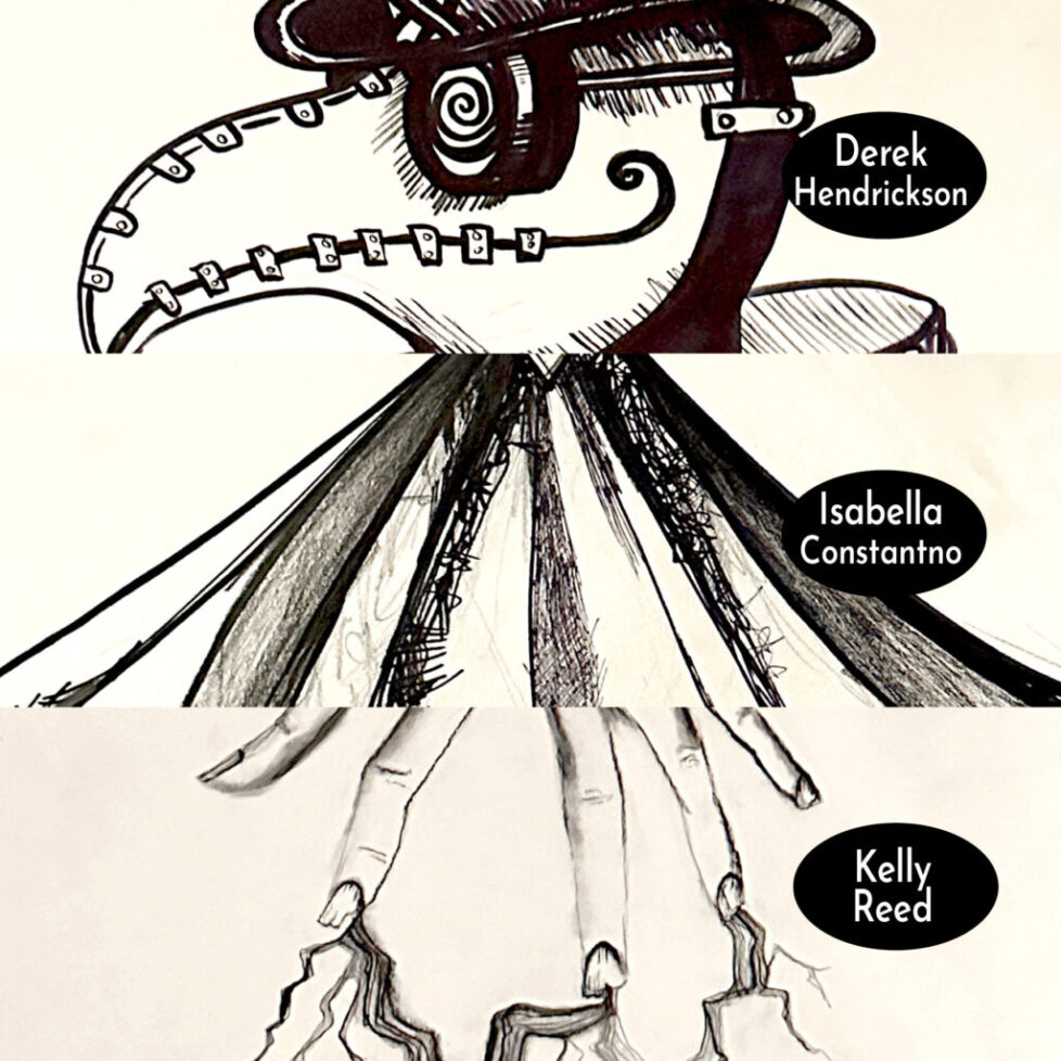 DEREK_HENDRICKSON_ISABELLA_CONSTANTINO_KELLY_REED_web Three drawings of a bird with various features.