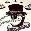 A drawing of an alien head with a hat on.