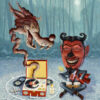 A man with horns and a devil mask is next to a box of records.