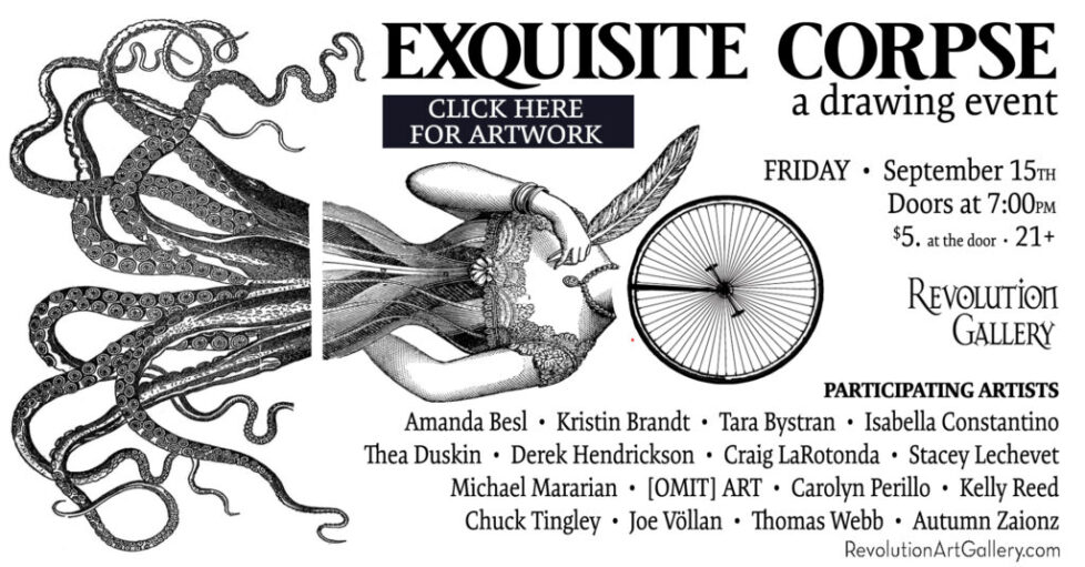 RG_EXQUISITE_CORPSE_SEPTEMBER15th_FB_BANNERartist_list_CLICK A black and white advertisement for an art exhibit.
