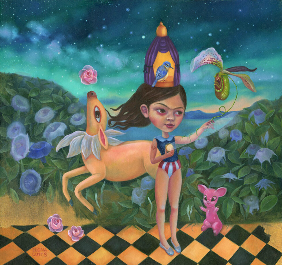 A painting of a girl and her dog