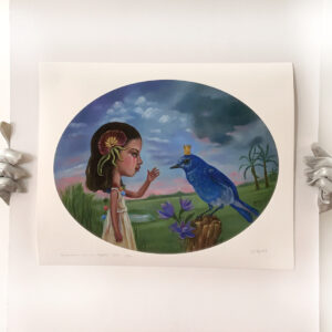 A painting of a girl and a bird