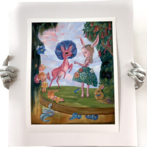 A painting of a girl and a horse in the grass.