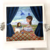 A painting of a girl sitting on the ground with a bird.