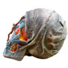 A skull mask with an orange face and brown eyes.