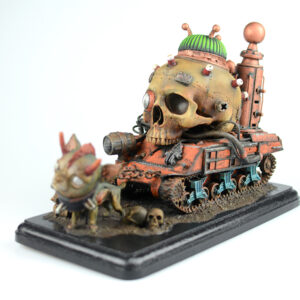 A toy of a skull on top of a tank.