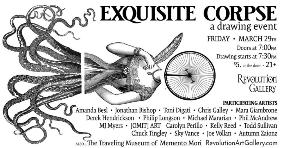 RG_EXQUISITE_CORPSE_MARCH29th_FB_BANNERartist_list-1 Exquisite Corpse drawing event poster.