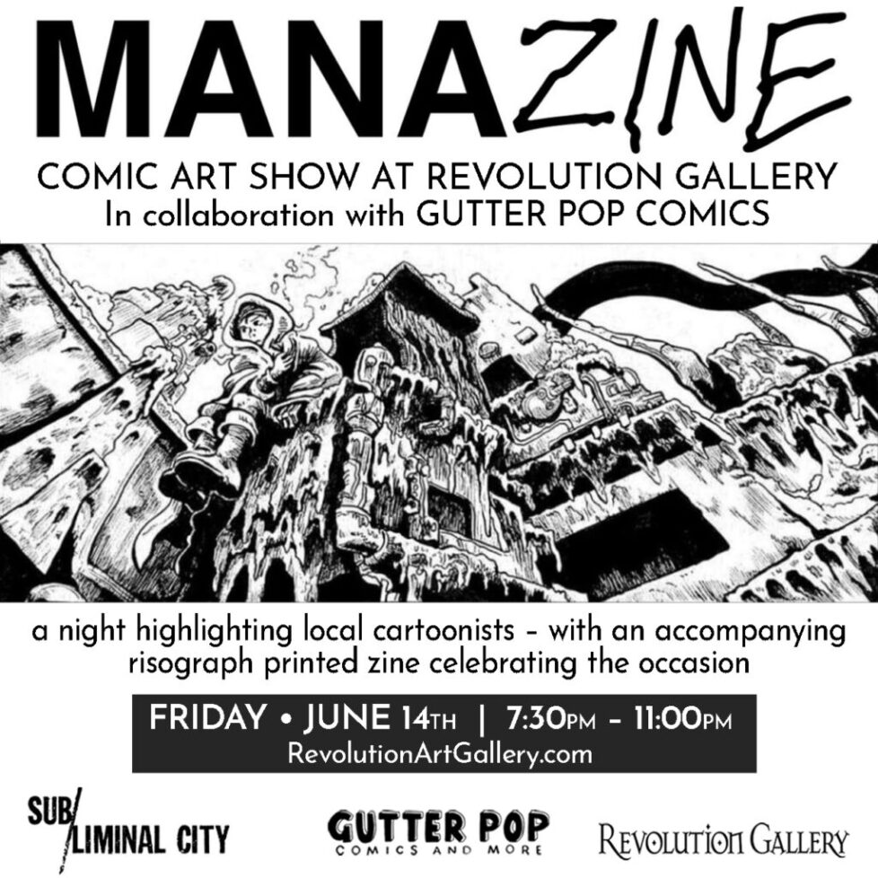 MANAZINE_GRAPHIC_UPDATE_JUNE14th-1 Comic art show poster with event details.