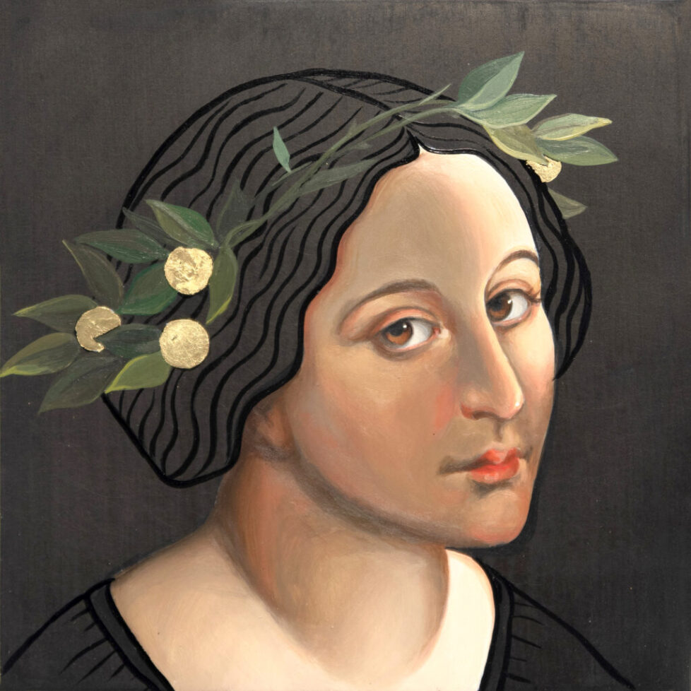 OLYMPUS DIGITAL CAMERA A painting of a woman with flowers in her hair.