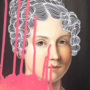 A painting of a woman with white hair and pink paint dripping down her face.
