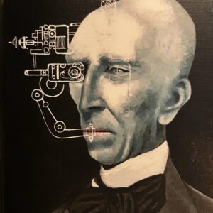 A painting of a man with mechanical eye.