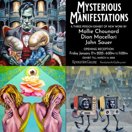 MYSTEROUS_MANIFESTATIONS_JANUARY17th_FB-1024x1024-450x450-1 Art exhibit poster with surrealistic illustrations.
