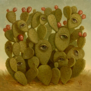 A painting of many cacti with one eye in the middle