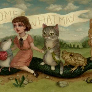 A painting of a girl, cat and frog on a log.
