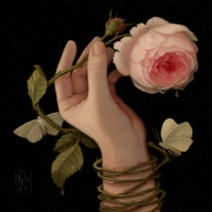 A painting of a hand holding a rose with a butterfly on it.