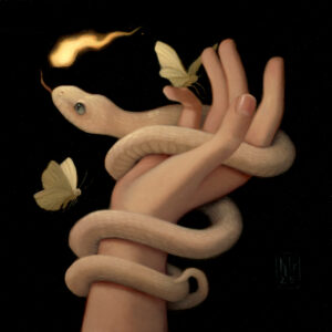 A painting of a hand holding a snake with butterflies flying around it.