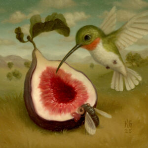 A painting of a hummingbird and an apple