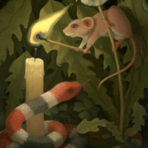 A painting of a mouse and snake in the jungle