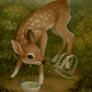 A painting of a deer with its head stuck in the ground